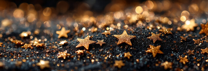 Glittering golden stars on a dark shimmering backdrop
