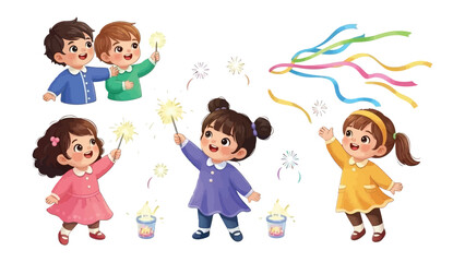 Childhood Magic: Children with wonder in their eyes, gather to play with sparklers, igniting a sense of innocent delight. This image captures the essence of youthful joy and camaraderie.