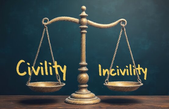 Golden scales show imbalance with civility on one side and incivility on other. Chalk words symbolize social behavior comparison. Concept represents choice.