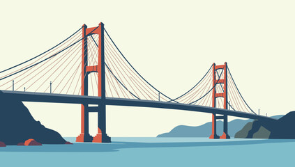 Obraz premium Illustrated suspension bridge with red towers spanning wide bay, bridge with hanging cables
