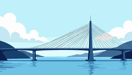 Fototapeta premium Blue cable-stayed bridge across mountain lake, bridge with hanging cables