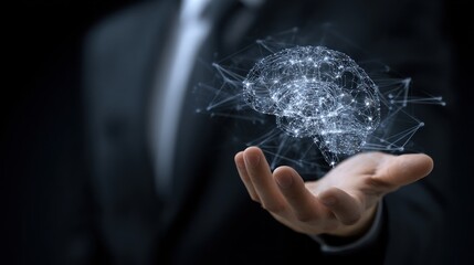 Businessman holding glowing digital brain network, representing artificial intelligence, innovation, future technology, and data concept.