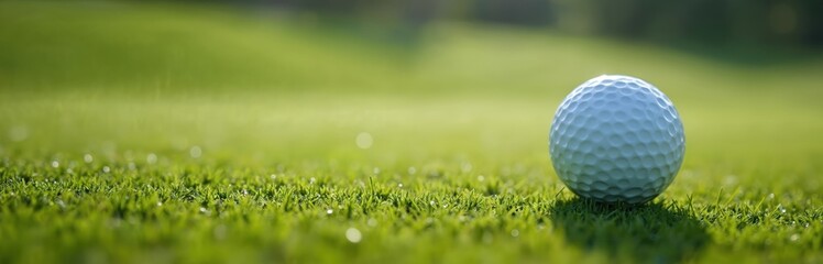 Fototapeta premium Golf ball rests on rich green grass on a sunny day. The blurred background suggests a golf course ready for a game. Perfect for sports and leisure themes.