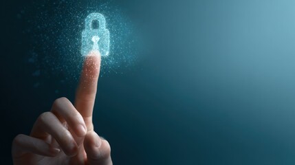 Finger touching glowing digital padlock icon representing cybersecurity, data protection, privacy, and secure access on a dark tech background.