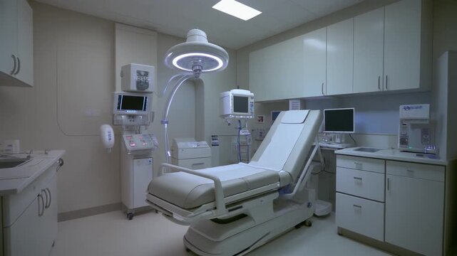 Sterile operating room with surgical lights and equipment.
