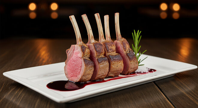 Perfectly cooked medium rare rack of lamb rests elegantly on a white plate with rich sauce