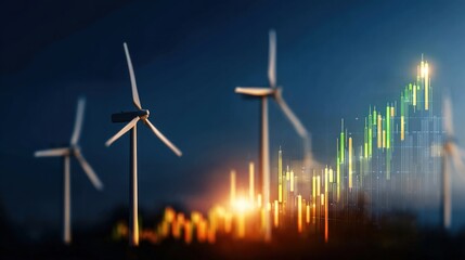 Renewable Energy Investment Growth Concept with Wind Turbines and Financial Stock Chart Data at Dusk