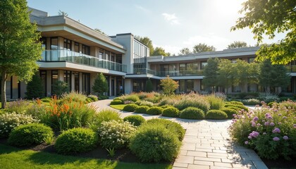 Fototapeta premium Modern building with lush garden. Outdoor pathway leads to entrance of serene senior care facility. Elderly residents find peaceful living and wellness in beautiful nature.