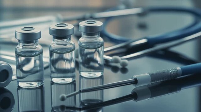 A medical vial with a clear vaccine solution and rising bubbles. Close-up of a drug in a sterile laboratory. Pharmaceutical research and scientific development