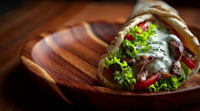 Close-up of a delicious doner kebab wrapped in pita bread with lettuce, tomato, and sauce on a wooden plate