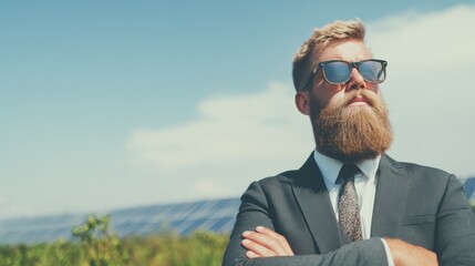Confident man stands in suit with sunglasses at solar farm under blue sky