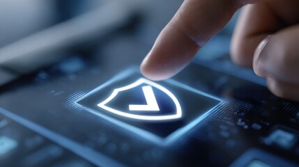 Digital Security Concept: Finger Tapping Glowing Shield with Checkmark Icon on Futuristic Interface for Online Protection