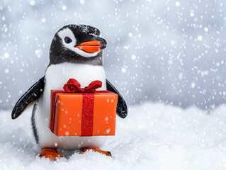 Penguin holding christmas gift box in snowy winter scene with festive atmosphere and falling snowflakes