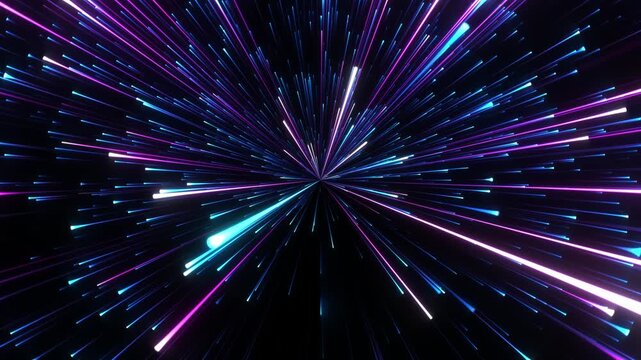 Bright radial light beams. Abstract background in blue and purple neon glow color. Light burst in universe. Space background for event, party, carnival, celebration, anniversary or other.