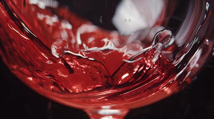 Dynamic slow-motion capture of vibrant red liquid gracefully swirling and splashing within a clear glass, showcasing fluid motion and rich color