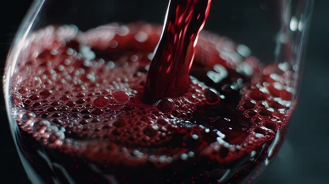 Detailed close-up of vibrant red liquid pouring into a glass, forming a dynamic cascade of frothy bubbles and intricate patterns, showcasing rich texture and fluid motion