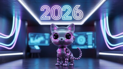 Futuristic robot chihuahua with neon lights and year 2026 display