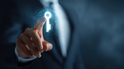 Professional's hand touching a glowing digital key, symbolizing solution, access, security, innovation, and future success in business technology.