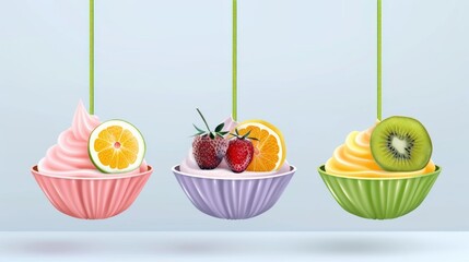 Colorful Fruit Desserts in Hanging Bowls with Whipped Cream and Fresh Fruit