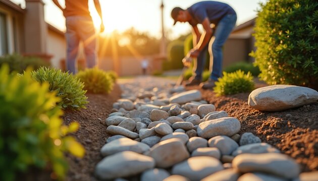 Landscaping crew installs decorative river rock path with green plants. Workers install garden stones around house exterior. Sunny day outdoor yard beautification project.