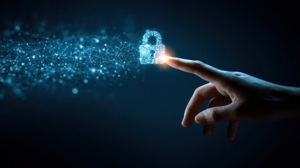 Hand touching glowing digital padlock icon for cybersecurity, data protection, and secure network access concept.