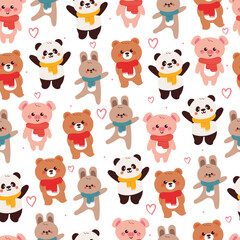 seamless pattern cute cartoon animals with scarf for winter wallpaper and gift wrap paper