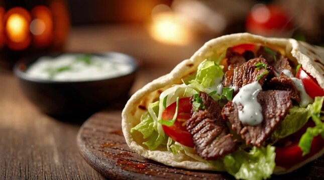 Close-up of a juicy doner kebab sandwich on a wooden board with tzatziki sauce and fresh vegetables on a rustic table.