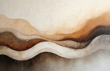 Obraz premium Abstract wavy lines in earthy tones create dynamic, flowing composition. Layers of beige, brown, grey suggest natural forms, movement. Artwork evokes organic texture, minimalist design for versatile