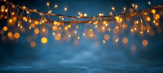 Decorative string lights glowing softly against a blue background