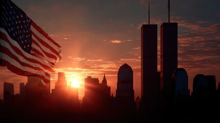 Patriotic American flag waving over a dramatic city skyline at sunset, with tall buildings silhouetted against a golden sky.