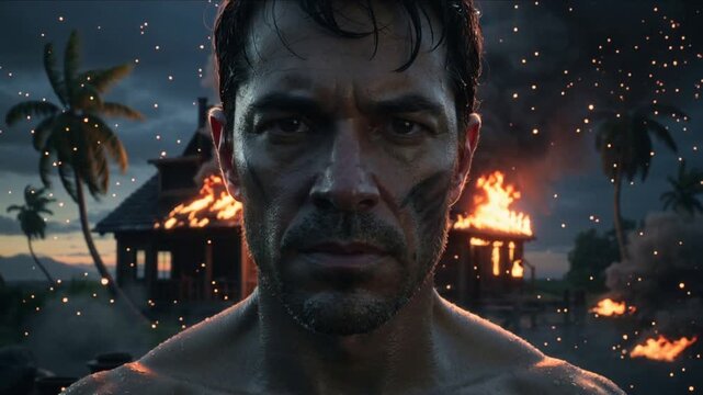 Guerrier devant village en flammes