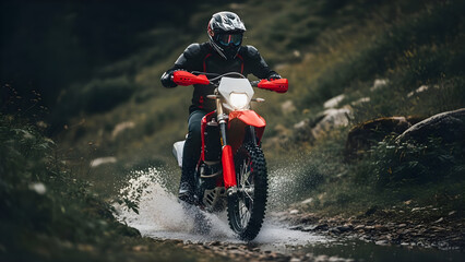 Ultra Realistic Off-Road Tracker Bike Wallpaper – Full-Face Helmet Rider, Red Dirt Bike Splashing Through Green Valley – 16K Cinematic Action Shot
