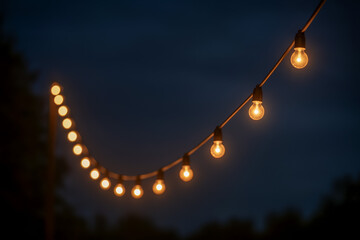 Decorative string lights glowing against a dark evening sky