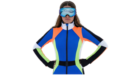 Person in vibrant blue, orange, and neon green ski suit with reflective goggles