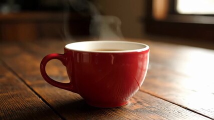 A steaming red coffee mug on a rustic wooden table.