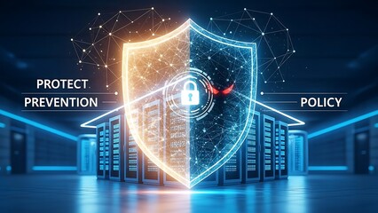 Cybersecurity Shield Protecting Data Servers with Prevention and Policy.