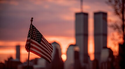 Patriotic American flag in the foreground, silhouetted against a dramatic sunset sky with twin urban skyscrapers.