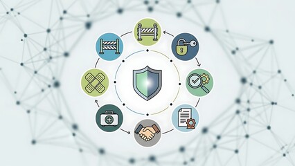 Cybersecurity Shield with Data Protection Icons and Network Connections.