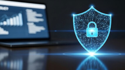 Cybersecurity Shield with Laptop Displaying Data Analytics.