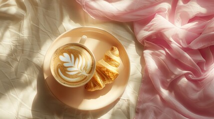 Creamy Latte Coffee with Latte Art and Croissant on White Plate in Soft Morning Light