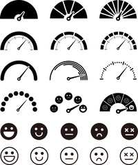 スピードメーターのと顔文字のセット。いろんなタコメーターのデザイン。顧客満足度やスコア、評価のアイコン。モノクロ。