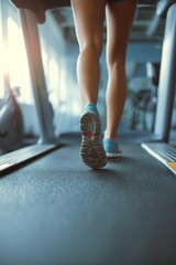 Obraz premium Close up of athletic legs running on treadmill in bright gym setting