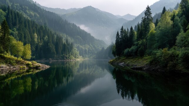 Misty mountain lake reflecting dense evergreen forest landscape