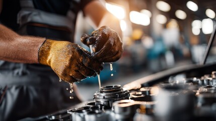 Mechanic hands in dirty gloves pouring oil into engine component