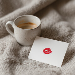 white mug and heart card on cozy blanket