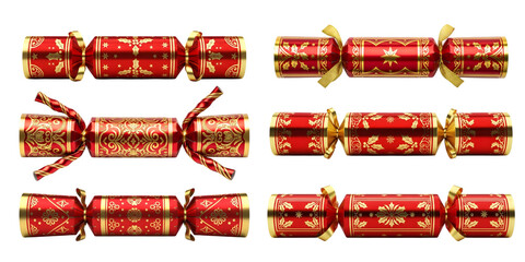 A collection of six luxurious red and gold Christmas crackers featuring festive patterns and ribbons on a sleek black background