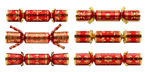 A collection of six luxurious red and gold Christmas crackers featuring festive patterns and ribbons on a sleek black background
