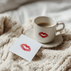 white mug with lipstick kiss and heart card on cozy blanket