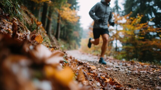 Man trail running on path covered with autumn leaves in forest