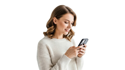 Fototapeta premium Young woman in a white sweater texting on her smartphone isolated on transparent background